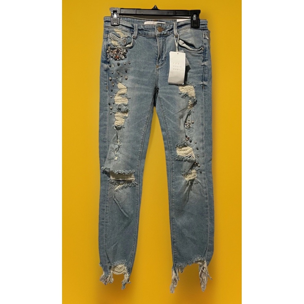 New Womens Zara Distressed Jeans Pants Size 2 Jewels Thrashed Rare Embellished S